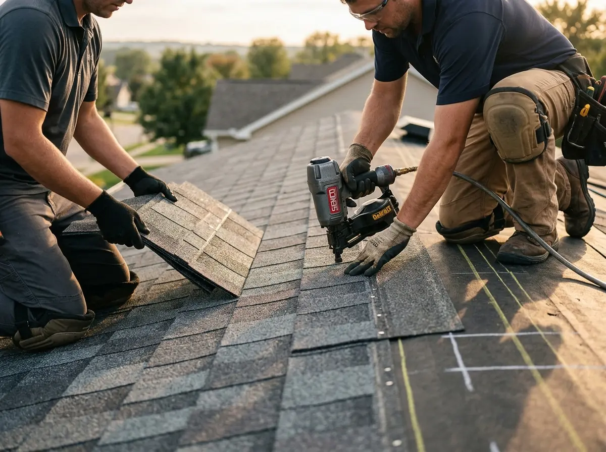 Professional roofer working on a residential roof in Gun Plain